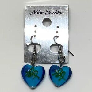 New Fashion Brand Earrings Murano Style Clear Blue Glass Dangle Heart‎ Beads NWT